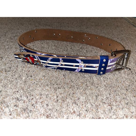 Ed Hardy True Love Belt White Stripes Rhinestone Medium Vintage Y2K - Picture 2 of 9